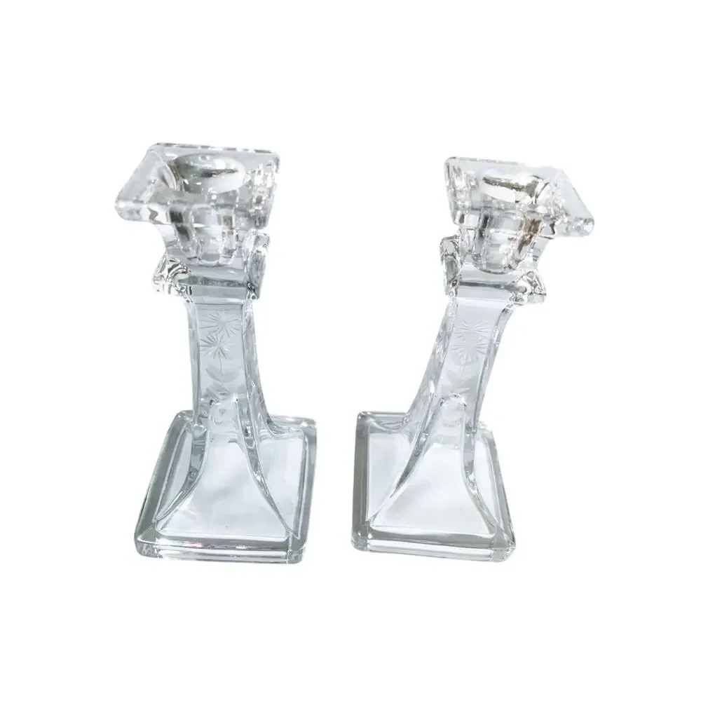 Pair Vintage Etched Glass Tapered Candle Stick Holders Etched Flower on 4 sides